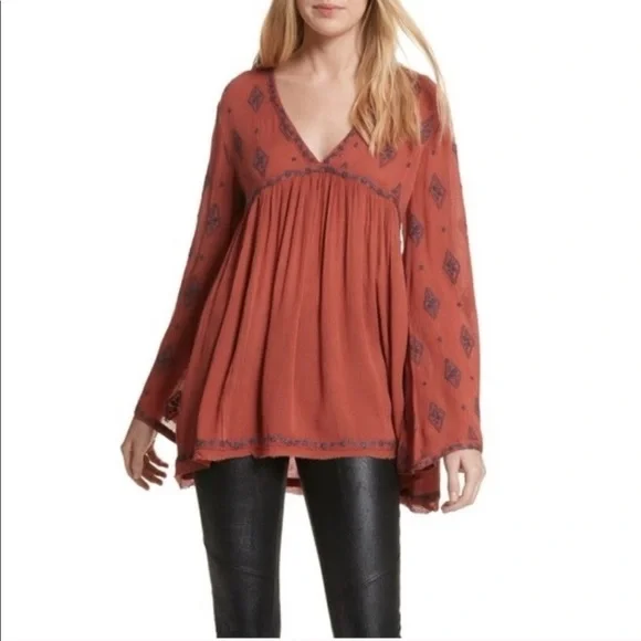 NWT FREE PEOPLE DIAMOND EMBROIDERED‎ TUNIC Boho Cottagecore Indie Festival